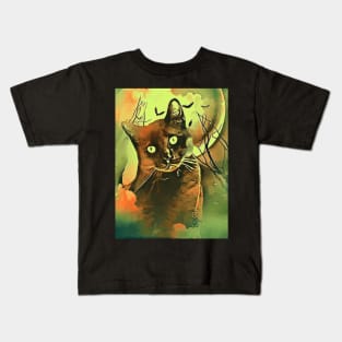 Halloween Spooky Black Cat Surrounded by Dead Trees, Bats and Large Moon Kids T-Shirt